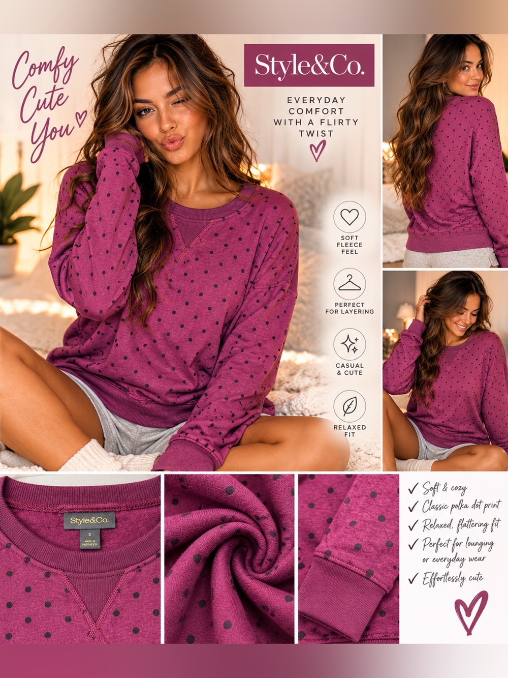 Style & Co. Women's Polka Dot Fleece Pullover - Plum with Black Dots size Small